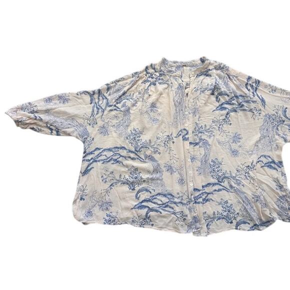 Free People Oversized Peacock Bloom Button Up Blouse Large Ivory & Blue Floral - Picture 3 of 5